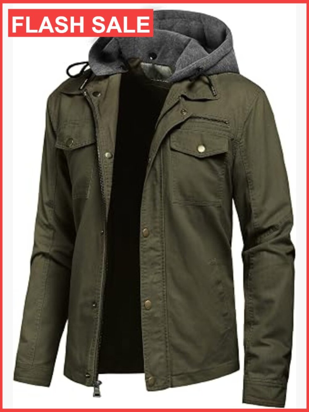 Men's Canvas Cotton Military Field Jacket with Removable Hood, 6 Pockets,
